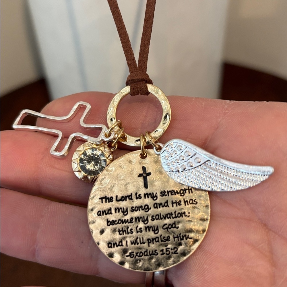 Juliet Suede Chain,Silvertone cross,angel wing, rhinestone starburst,exodus 15:2